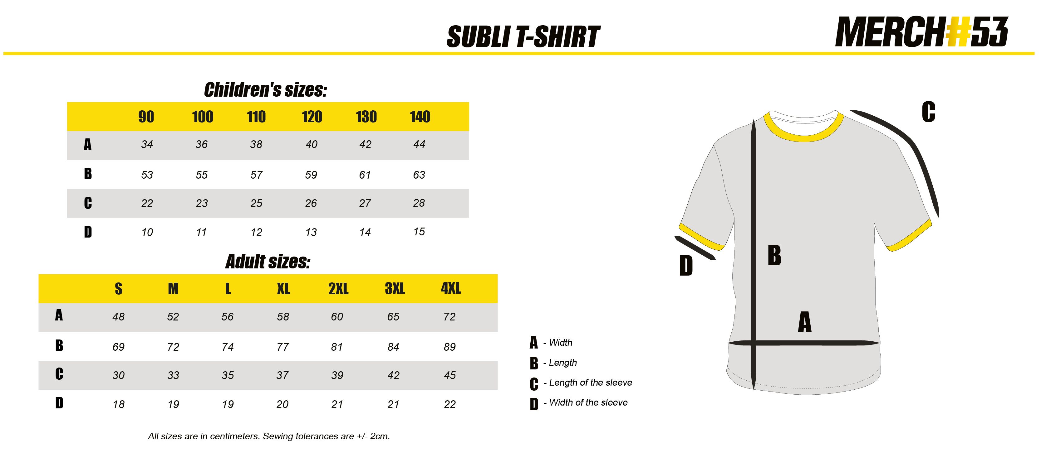 Subli T-shirt sizes